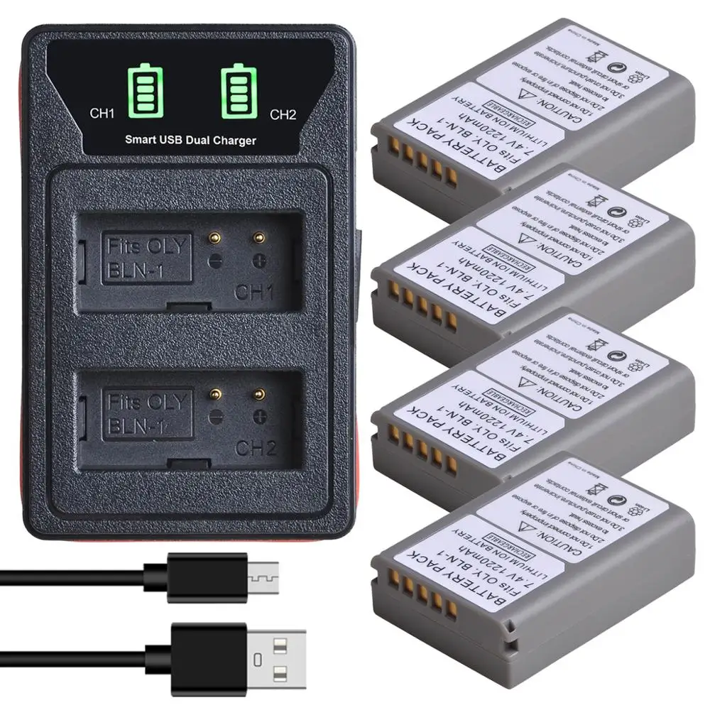 

4x BLN-1 PS BLN1 PS-BLN1 Battery with LED Dual Charger for Olympus OM-D E-M1, Pen F OM-D E-M5 pen E-P5, OM-D E-M5 Mark II