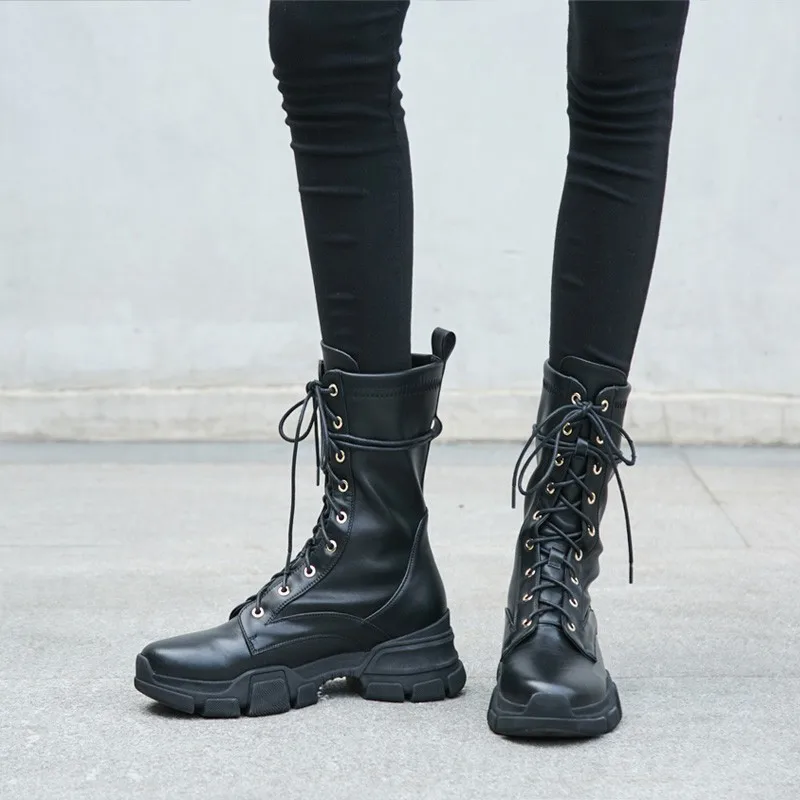 

Genuine Leather New Thick Bottom Lace Up Mid Calf Boots British Motorcycle Round Toe Autumn Winter Black Womens Platform Boots