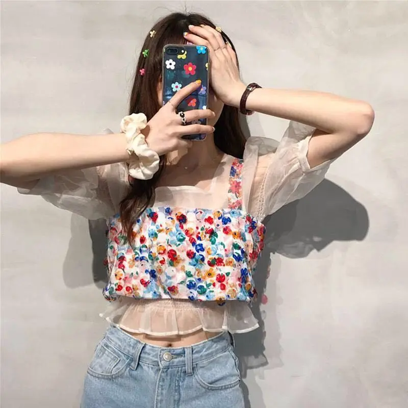 

Women 2 pieces set voile tulle puff blouse crop top dots bling sequins fashion streetwear harajuku korean style chic camisole