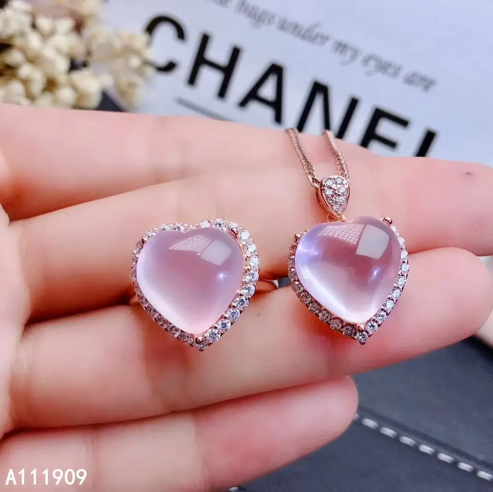 

KJJEAXCMY Boutique Jewelry 925 Sterling Silver Inlaid Natural Pink Crystal Furong Stone Pendant Ring Suit Support Detection