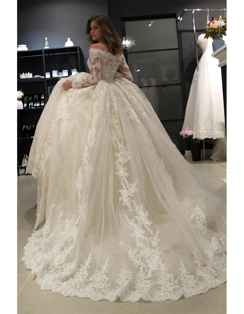 Robe de mariée de princesse à manches longues, tenue de bal, épaules dénudées, à la mode