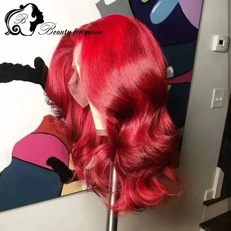 Для женщин Красная объемная волна Высокое качество 13x4 Кружевные фронтальные парики 24 дюйма Бразильский цветной парик из человеческих волос Плотность 180 Готов к ношению