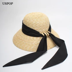 USPOP Women Wide Brim Woven Wheat Straw Sun Hat with Black Ribbon Elegant Summer Beach Hat