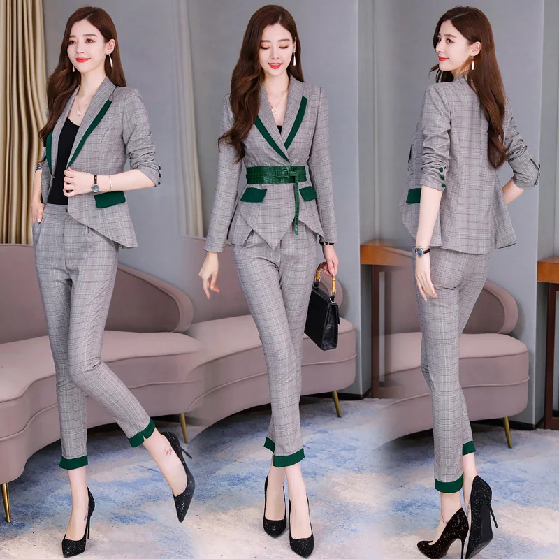 Women\'s Casual Plaid Blazer and Pencil Pants Suit, Elegant Ladies Jackets, Business Suits, Spring Outfit, 2 Pcs Set