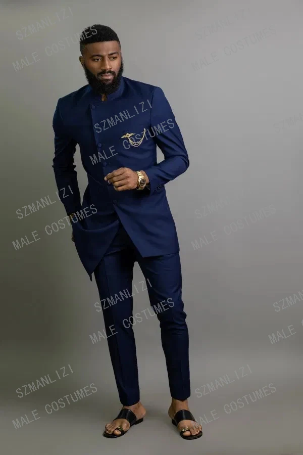 2021 Fashion African Design Slim Fit Men Suits For Wedding Groom Tuxedos Navy Blue Bridegroom Suits  Best Man Prom Blazer