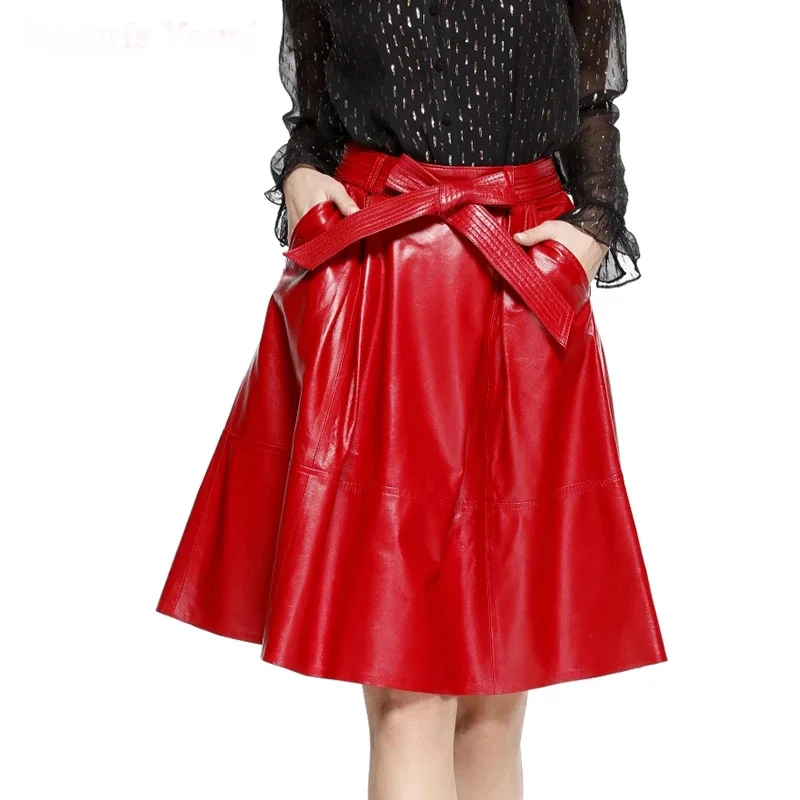 2021 Spring Female Genuie Leather Midi Skirt Lady Street Saia Bow Belt Retro Vase Big Red/Blue Faldas Girls Pleated Jupe Faldas