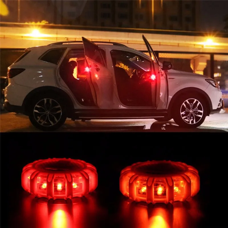 Car LED Road Flare Warning Light Emergency Light Disc Safety Flashing Light Roadside Beacon Magnetic Base Light with batteries