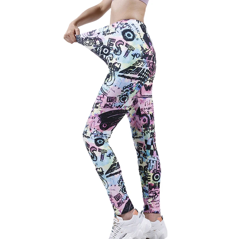 YGYEEG Fitness Women Leggings Fashion Patchwork Pink Graffiti Letter High Waist Elastic Push Up Ankle Length Polyester Bottom