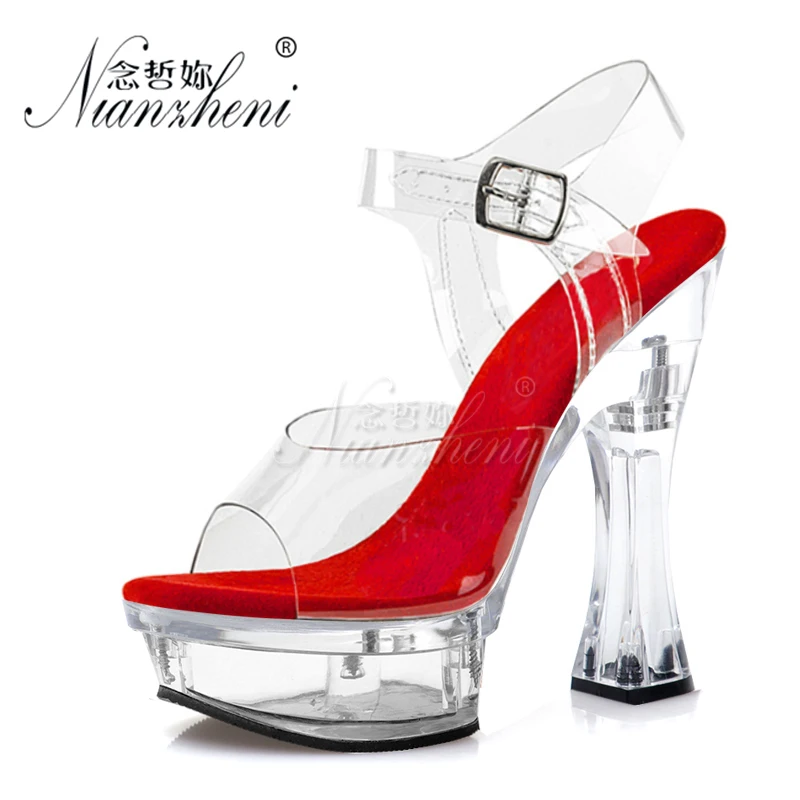 14CM Platform Sandals Concise Shallow Elegant Sexy High Stripper 5 Inch High Heels  square Crystal Pole Dance Shoes Exotic club