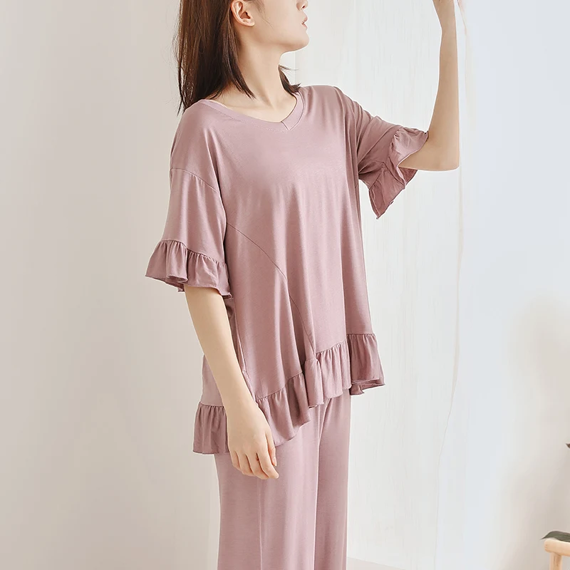 

Summer Pajamas Set Women Sleepwear Female Casual V-neck Ruffled Loose Tracksuits Pyjamas Tops With Long Trousers Home Clothing