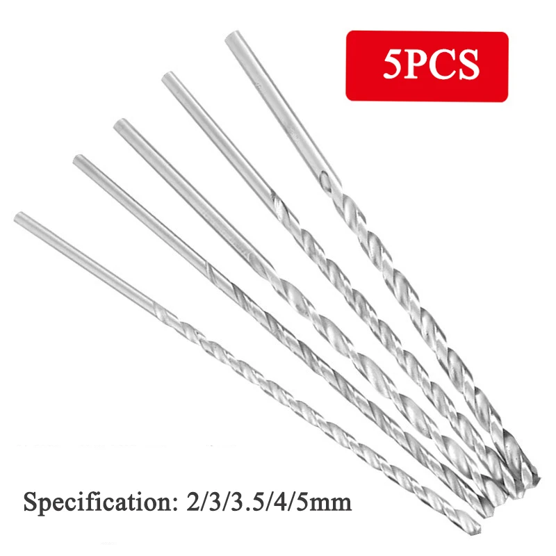 5pcs/set 2/3/4/4.5/5mm High Speed Steel Spiral Twist Drill 150mm Extended Round Shank Wood Drilling, Cutting and Polishing