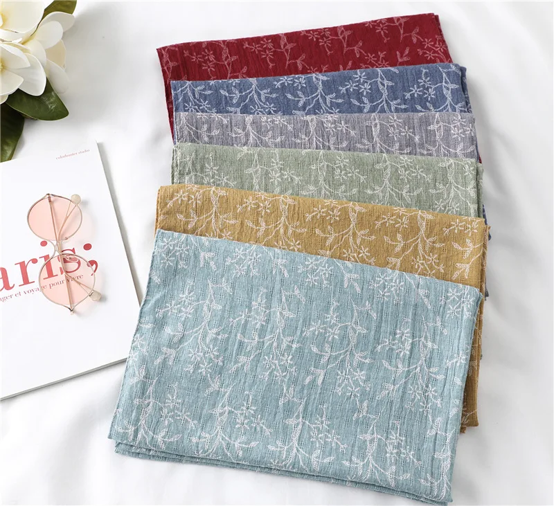 

2020 New Fashion Leaf Print Scarf Shawls Women Long Foliage Linen Flower Muslim Scarves Wraps Hijab 12 Color Free Shipping