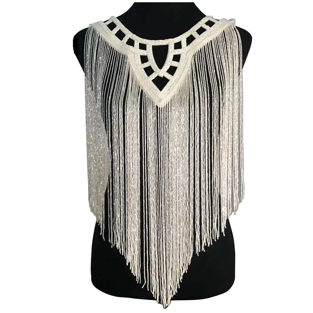 

Long Beading Fringe Tassel Neckline Collar Applique Handmade Patches Bodice for Wedding Dresses Prom Dress 1 piece