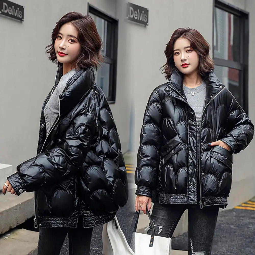 Vielleicht Fashion Winter Jacket Thick Warm Short Parkas Women Winter Coat Elegant Shinny Cotton Stand Collar Jackets Female