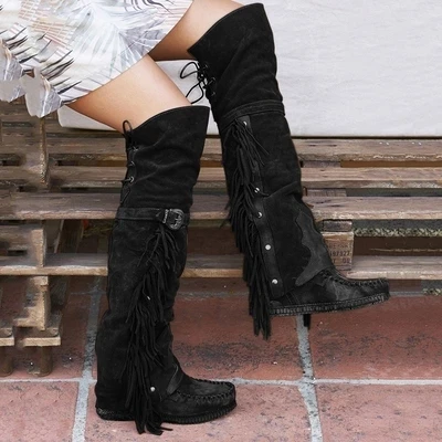 Nice Fashion Bohemian Boho Knee High Boot Ethnic Women Tassel Fringe Faux Suede Hight Boots Woman Girl Flat Long Booties