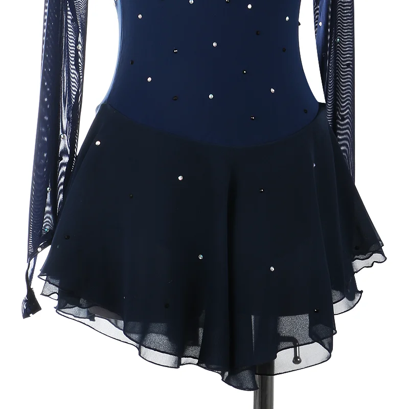 Navy Blue Red Figure Skating Dress For Women And Girls Long Sleeve Ice Figure Skating Clothes With Rhinestones