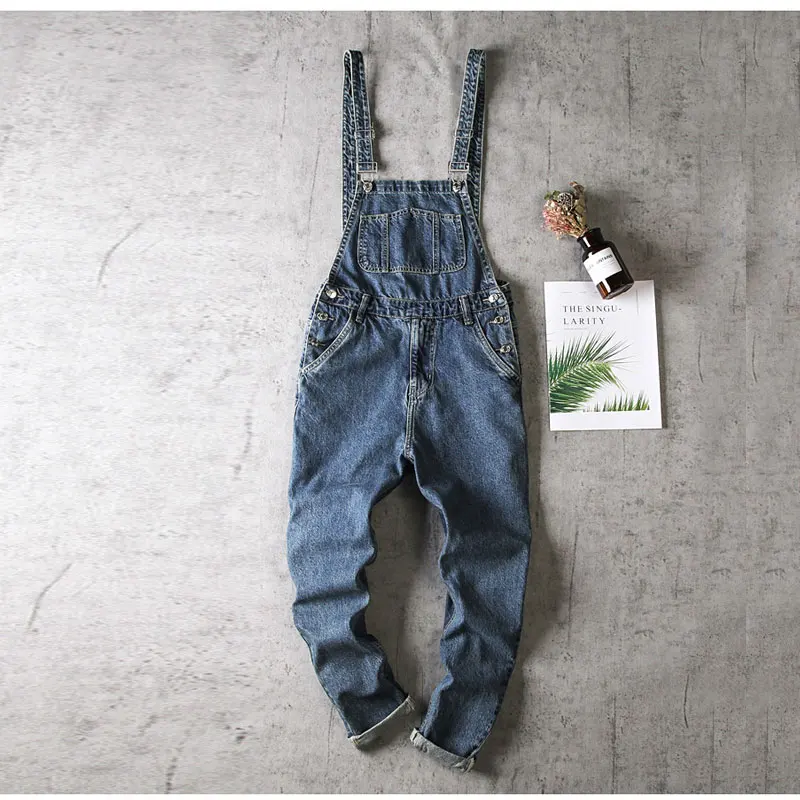 2021 Overalls Men Denim Jumpsuit Pants Full Length Casual Big Pocket Slim Bib Fashion Hip Hop Blue Trousers