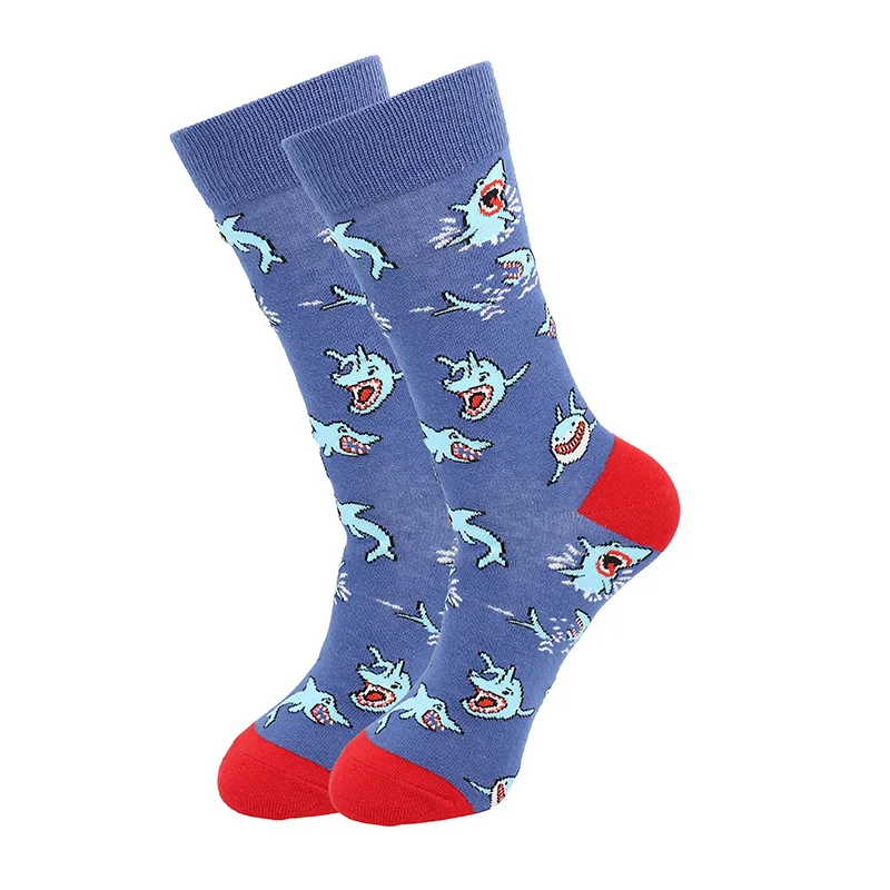 1pair Men\'s Socks Funny Cartoon Shark Cat Printed Happy Socks Casual Harajuku Hip Hop Skateboard Calcetines Hombre