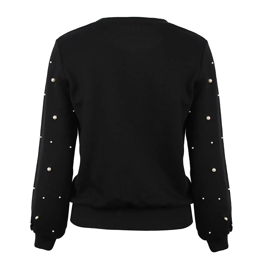 Hirsionsan Pearl Beading Hoodies Sweatshirt Women Black Tops Harajuku O-Neck Long Sleeve Pullover Sweatshirt Ladies Casual Tops