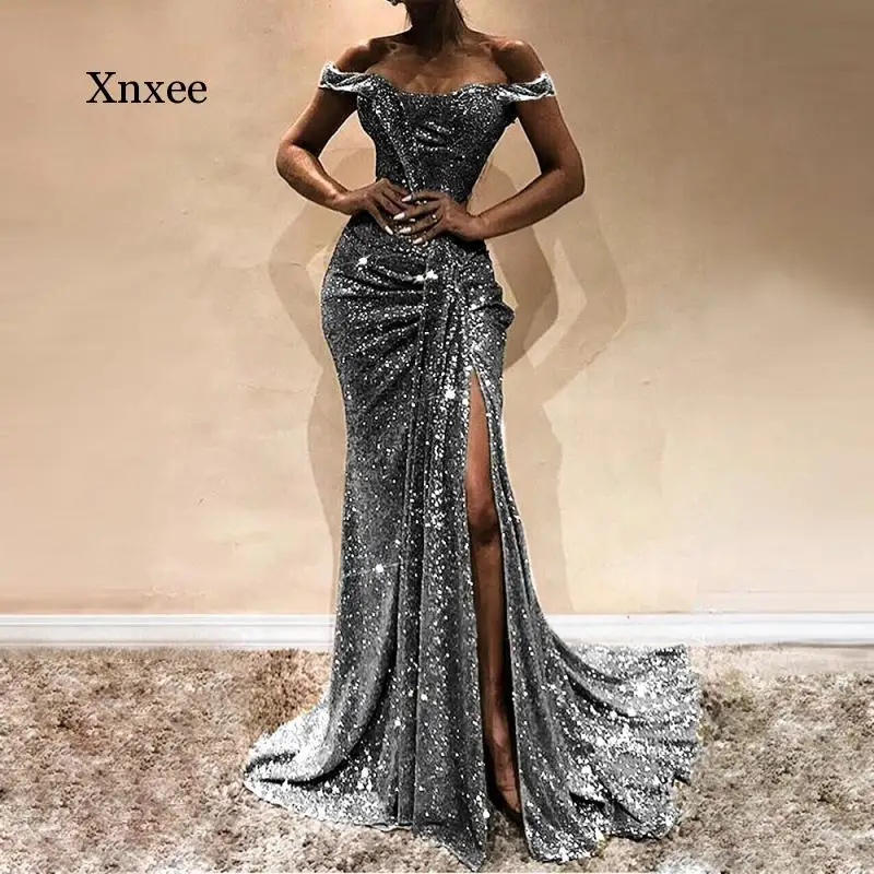 Vintage Off Shoulder Sequin Mermaid Dress Women High Split Shining Side Slit Sexy Elegant Banquet Evening Party Women Long Dress