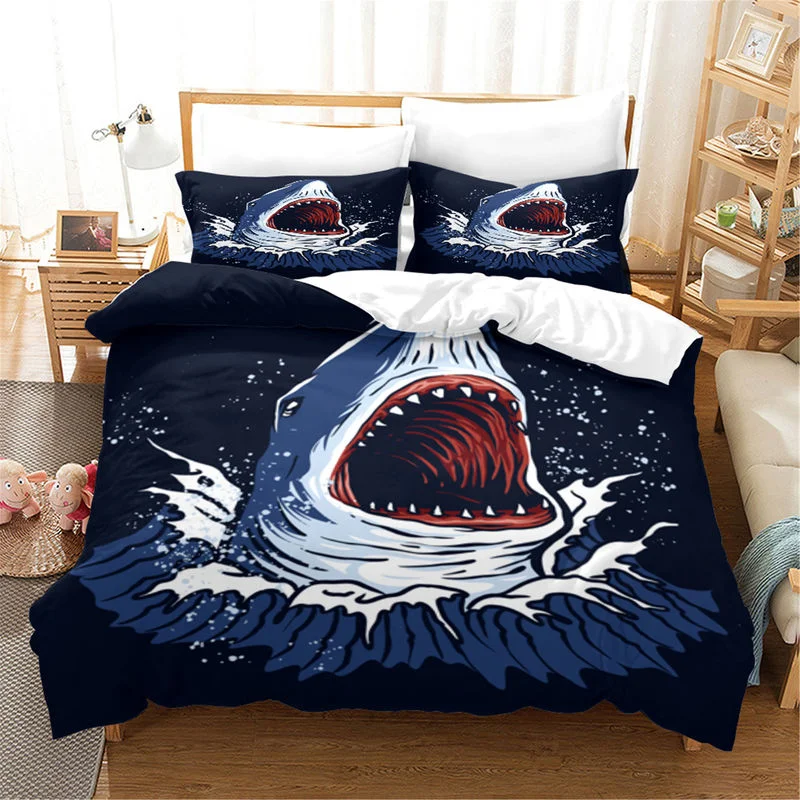 3D Blue Ocean Sharks Duvet Cover with Pillow Cover Bedding Set Single Double Twin Full Queen King Size Bed Set for Bedroom Decor