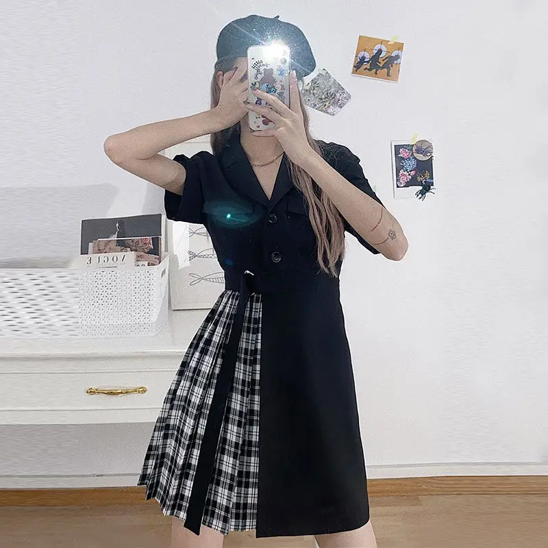 New 2022 Spring and Summer Slim Skirt Women Short-sleeved Personality Patchwork Waist Plaid Fashion Asymmetric Skirt