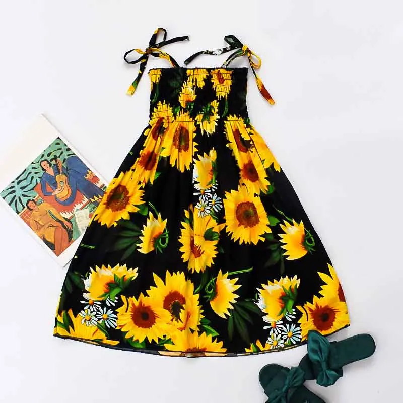 Summer Girls Floral Dress Sling Ruffles Bohemian Beach Princess Dresses for Girl Clothing  2 6 8 12 Years With Necklace Gift