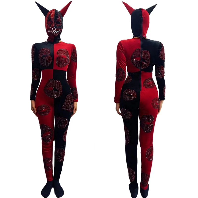 Satan Kiss bodysuit Rhinestone Lips jumpsuit Halloween party cosplay dance costume