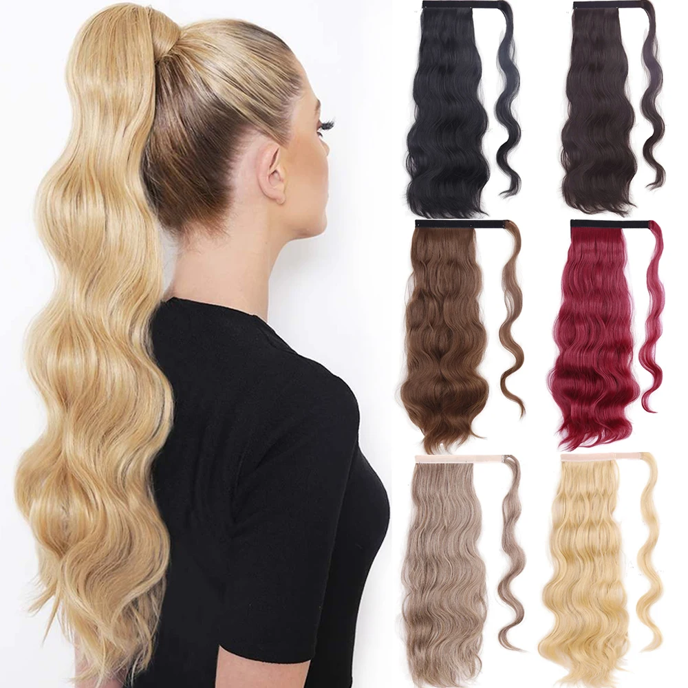 MERISI Synthetic Ponytail Long Hollywood Wave Ponytail Wrap Around Body Wave Clip in Hairpiece Blonde Wave Ponytail for Women