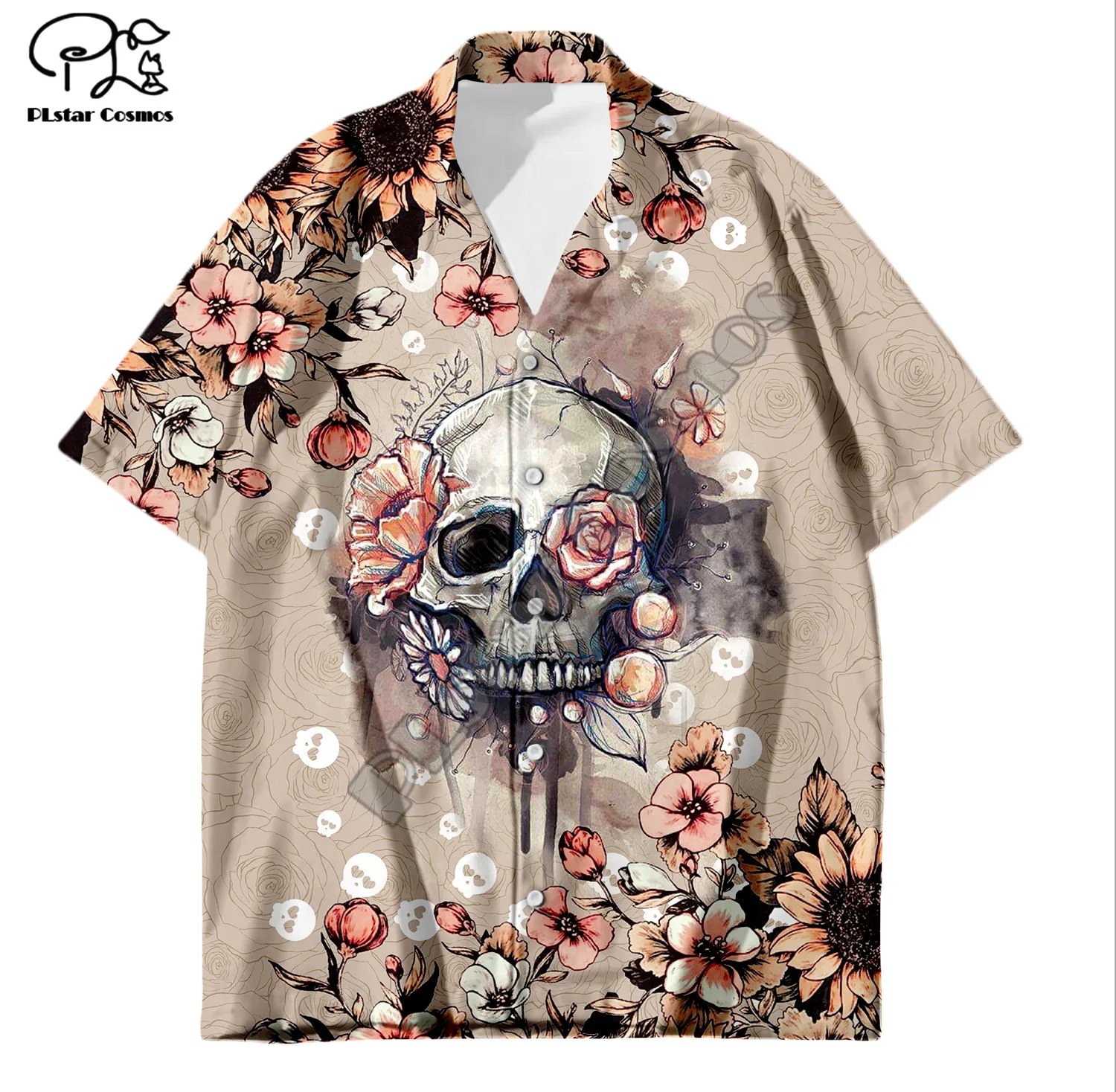 Praia havaiana verão moda camisa de manga curta estilo vintage flor e crânio impressão 3d camisa masculina casual harajuku camisetas