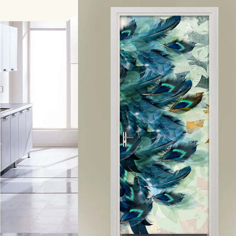 Blue Feather Door Sticker Mural Wallpaper Wall Art Decor Modern Living Room Bedroom Door Decoration Stickers PVC Self Adhesive