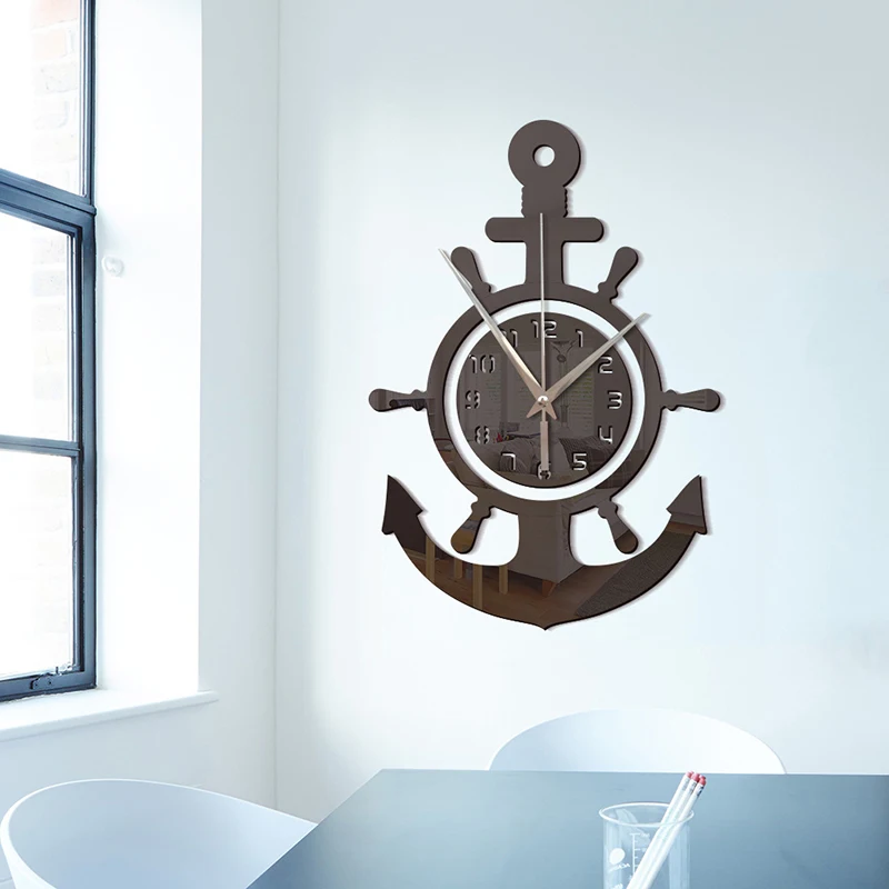 Newly Acrylic Anchor Clock 3D Wall Clock Stickers Mediterranean Style Art Pirate Clock for Home Livingroom Bedroom