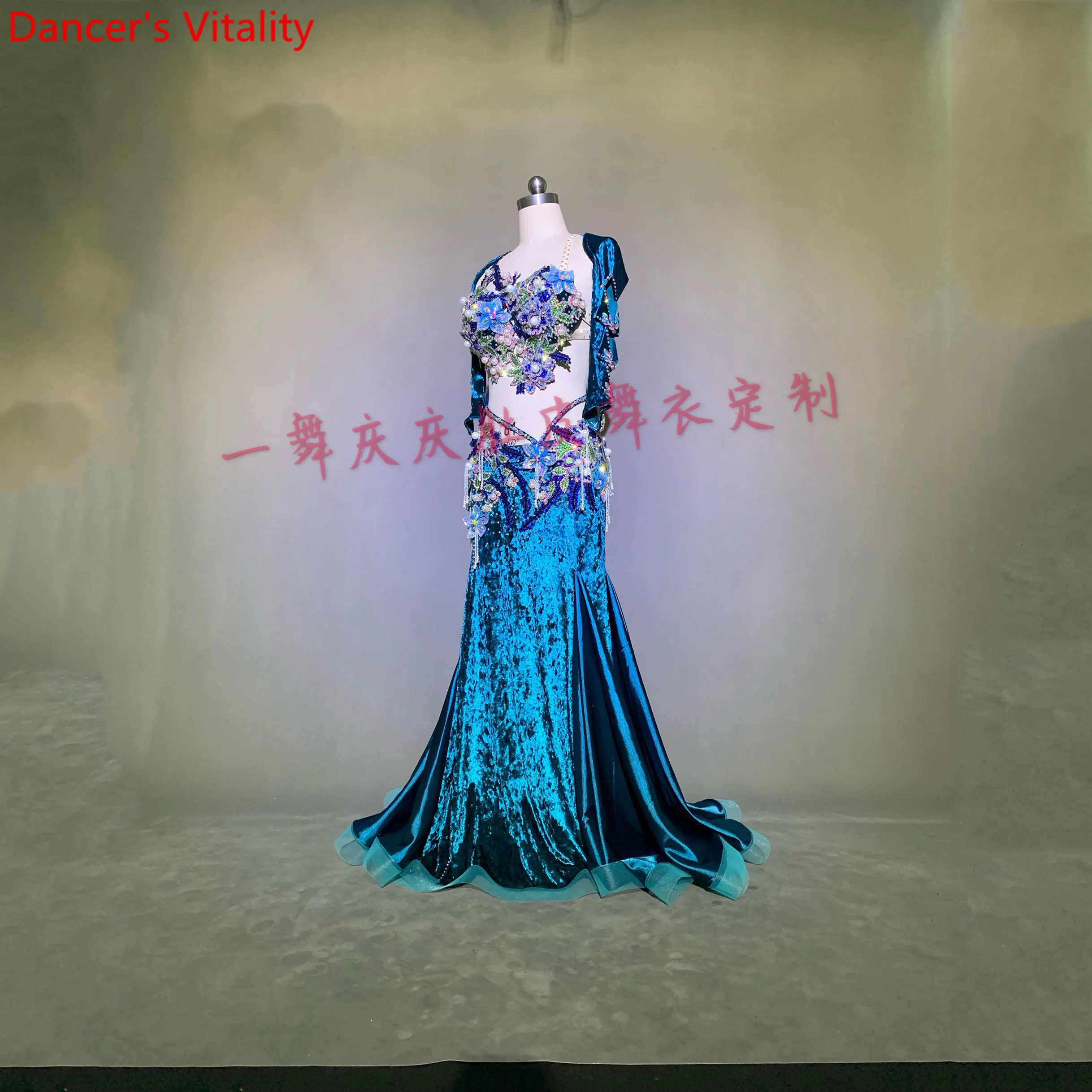 Customized Belly Dance Diamond Bead Bra Tassel Skirt Velour Set Women Oriental Indian Drum Dance Group Competition Stage Costume