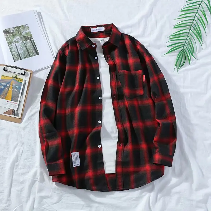 Long Sleeve Plaid Shirts Men Large Size M-3XL Vintage Simple Single Breasted Pockets Popular Outerwear Male Spring Harajuku Warm