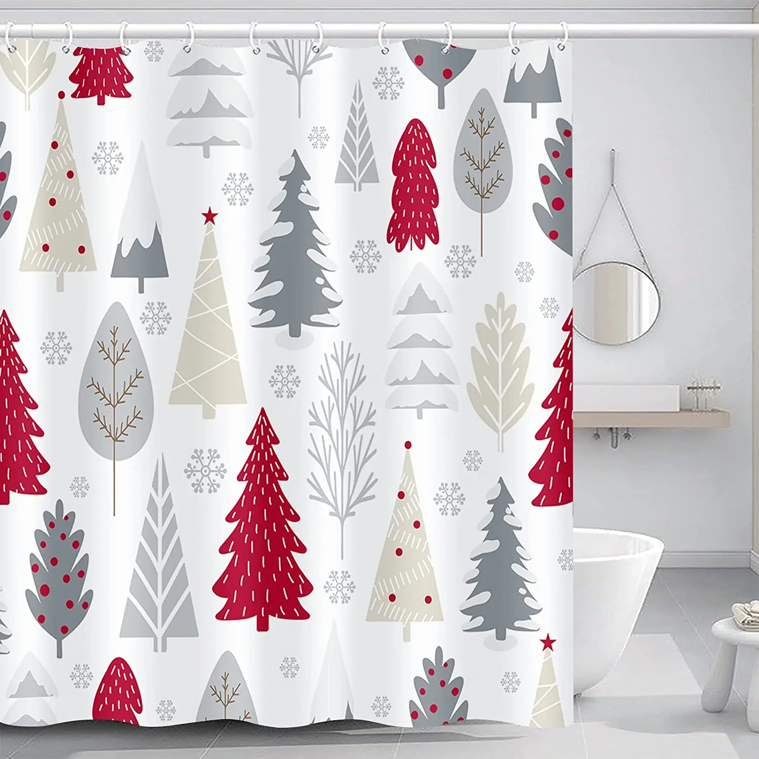 Christmas Shower Curtain Set Hand Drawing Red Grey Simple Xmas Trees Fabric Bathroom Curtains with Hooks for Holiday Home Decor