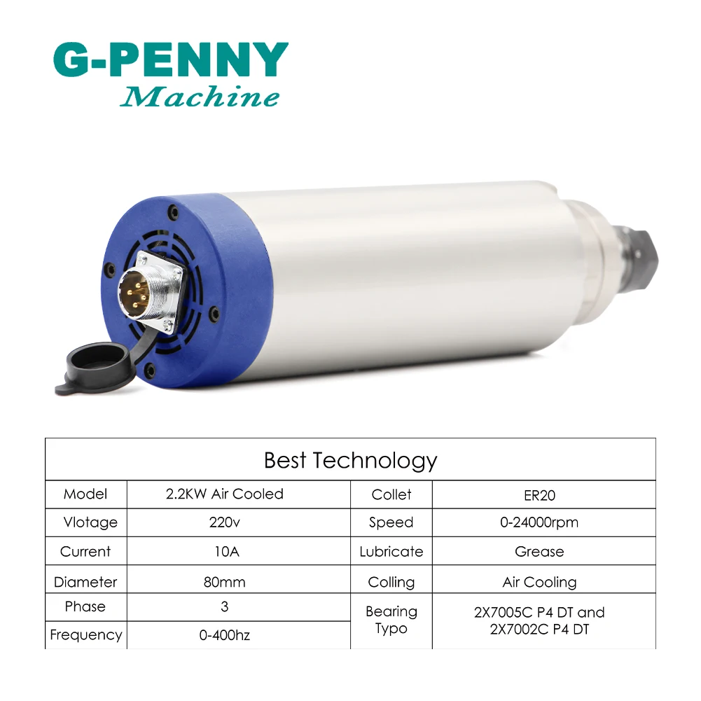 G-PENNNY 2.2KW ER20 CNC Air Cooled Spindle Motor Air Cooling 4 Bearings high frequency 2.2kw VFD inverter cast aluminum bracket