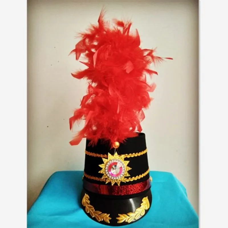 Honor Guard 어린이를위한 탑 모자 성인 붉은 깃털 모자 패션 학교 공연 액세서리 음악 팀 파티 가수 착용