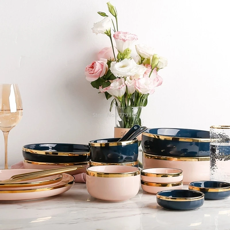 Pink Black Gold Inlay Ceramic Dinner Plate Tableware Porcelain Bulk Serving Dishes Home Wedding Decorative Dinnerware