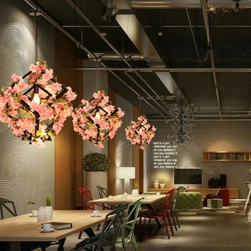 Square Simulation Green Plants Cherry Blossoms Chandelier For Bar Restaurant Retro Pendant Lamp Hot Sale Home Improvement