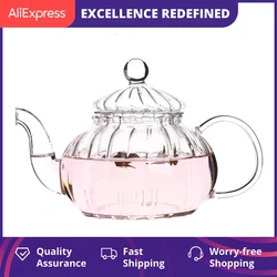 600ml Striped pumpkin shape flower teapot,Heat Resistant Glass Pot,Flower TeaCup Glass Teapot with Infuser Tea Leaf Herbal