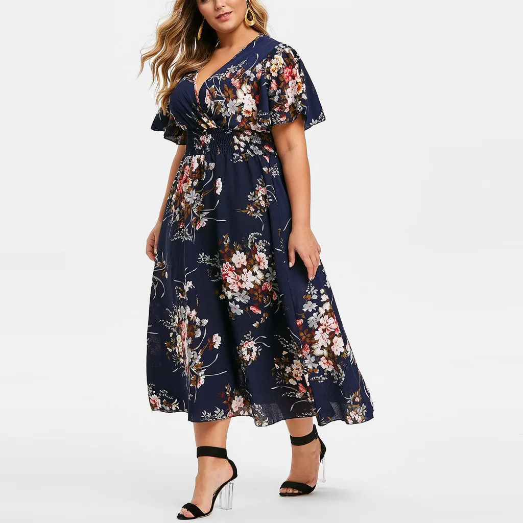 Women Boho Plus Size Dresses Summer Fashion Floral Printed Dresses Female Casual V-neck Short Sleeve Dress Vestidos