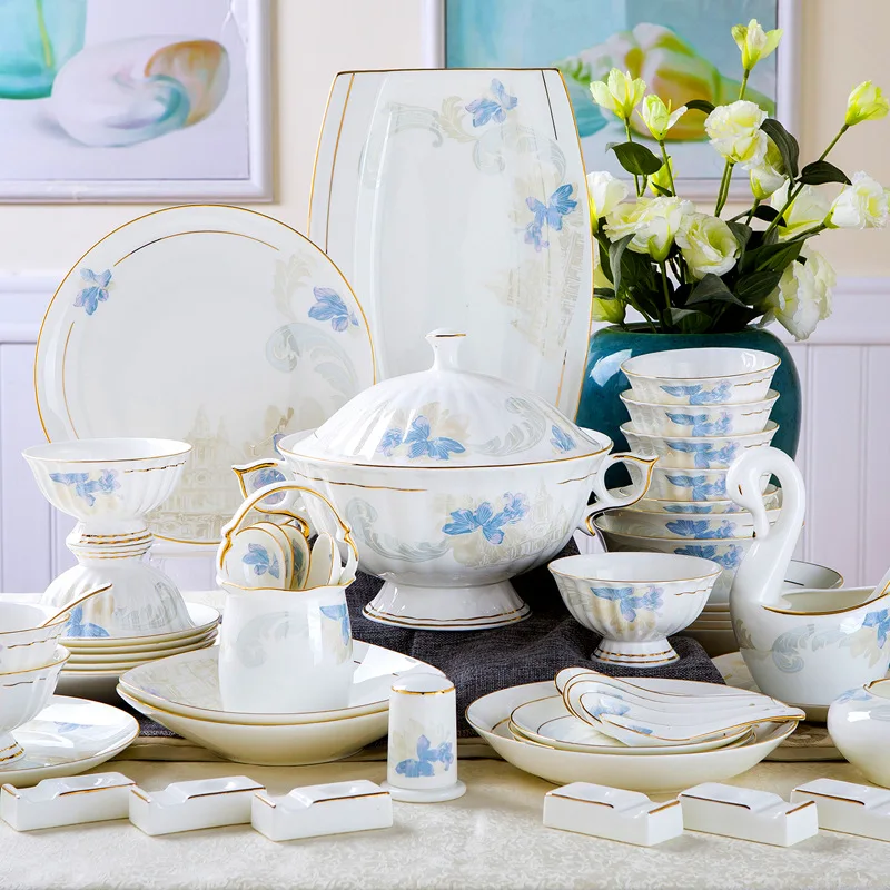 Wedding Guci gold bone china tableware set bowl and plate Jingdezhen 60 head ceramic ware Hotel bowl and plate set