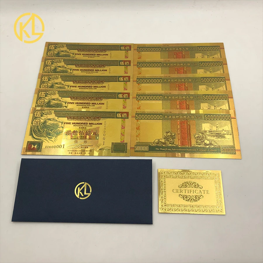 100 pcs/lot CHINESE FIVE HUNDRED MILLION HONGKONG Gold Dollar Bill Gold Banknote Colorful for nice gift