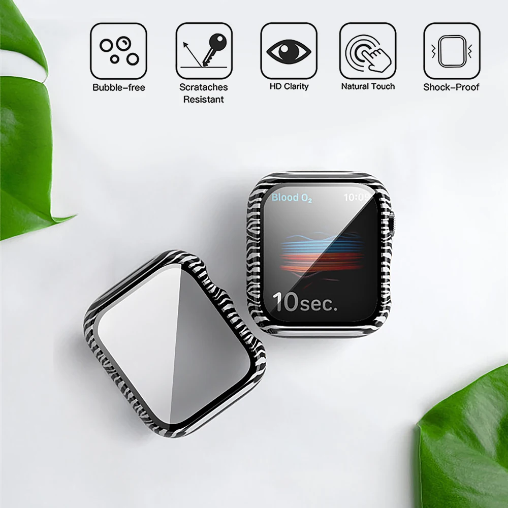 Glass+Cover for Apple Watch Case 44mm 40mm 42mm 38mm Bumper+Screen Protector iWatch Series SE 6 5 4 3 2 1 Fashion Water Pattern