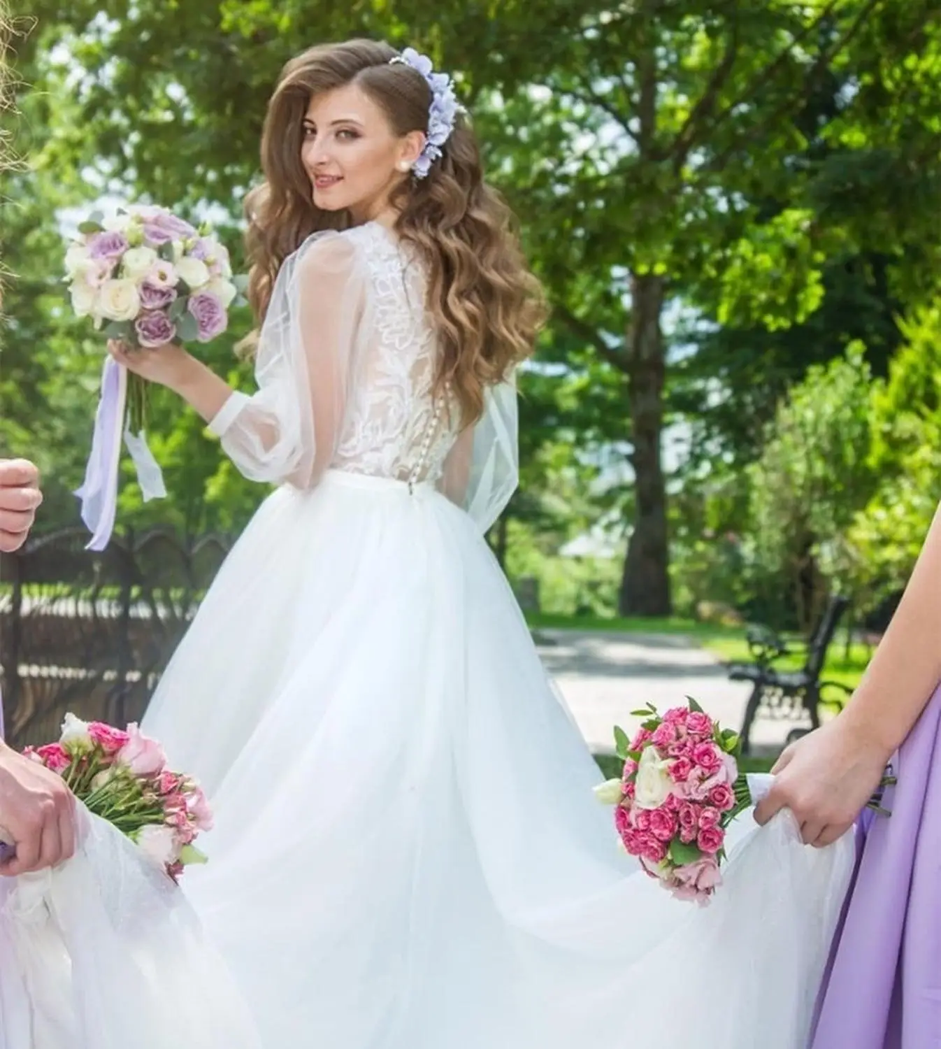 Robe de mariée à manches longues bouffantes, en Tulle blanc, avec des Appliques en dentelle, ligne a, pour femmes, magnifique, taille personnalisée