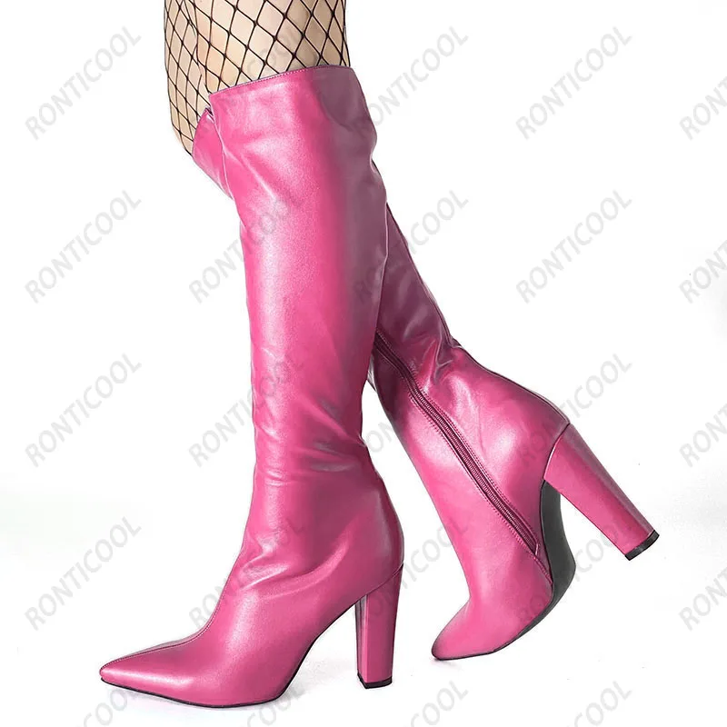 Ronticool New Women Winter Knee Boots Side Zipper Block Heels Pointed Toe Elegant Black White Office Shoes Plus US Size 5-15