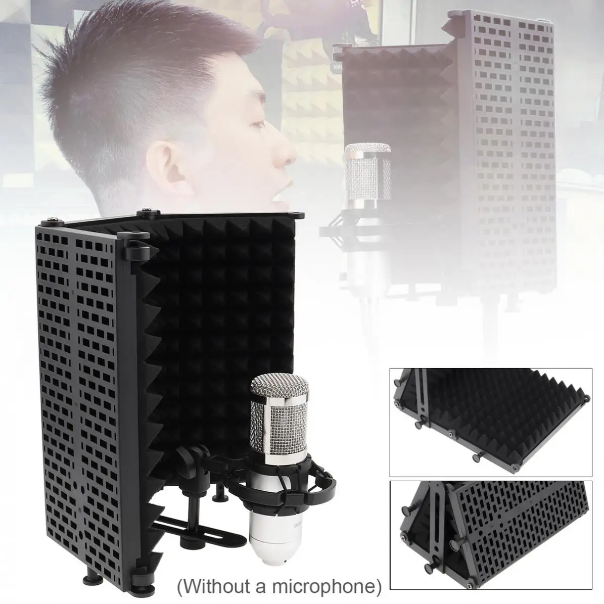 

Microphone Isolation Shield 3-Panel Wind Screen Foldable 3/8" and 5/8" Threaded High Density Absorbing Foam for Recording Studio