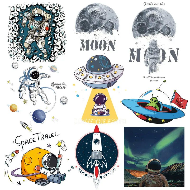 Space Astronaut Patch Iron-On Transfers For Clothing Spaceship Patches Stickers DIY Cartoon Patches On Clothes Applique Stripes