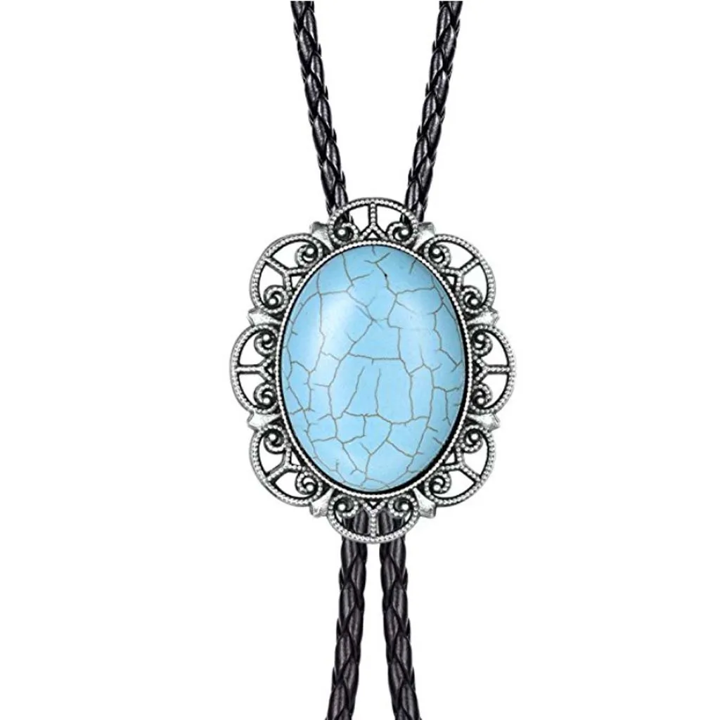 

Silver space-time turquoise bolo tie leather cord necklace American western cowboy bolo tie men's and women's bow ties