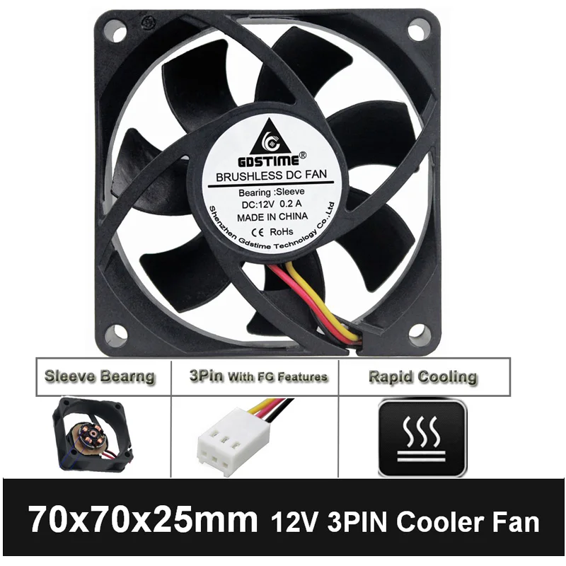 

10pcs Gdstime High Quality Computer Fan 7cm/70mm/70x70x25mm DC Brushless 12V 3pin CPU Cooling Fan Housing with FG Feature Cooler